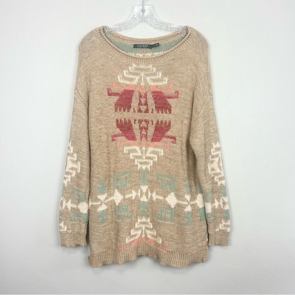 Lauren Ralph Lauren Aztec Southwestern Sweater Cotton Linen Crewneck Size XL - Picture 1 of 14
